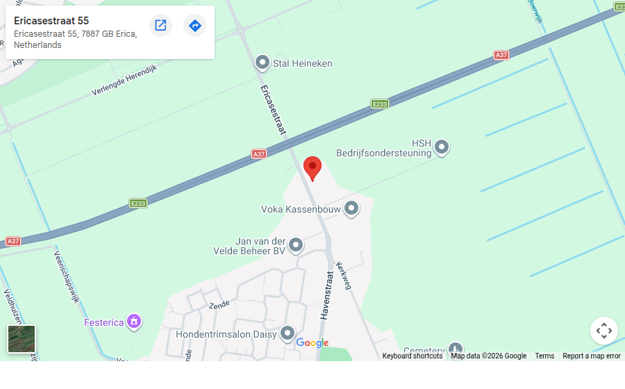 Kaart met de locatie van de praktijk aan de Ericasestraat 55 in Erica, gemeente Emmen